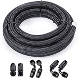 3/8 6AN 12FT Fuel Line Hose Kit, Nylon Stainless Steel Braided Fuel Line Oil/Gas/Fuel Hose End Fitting Hose with 6PCS Swivel Fuel Hose Fitting Adapter Kit - Black