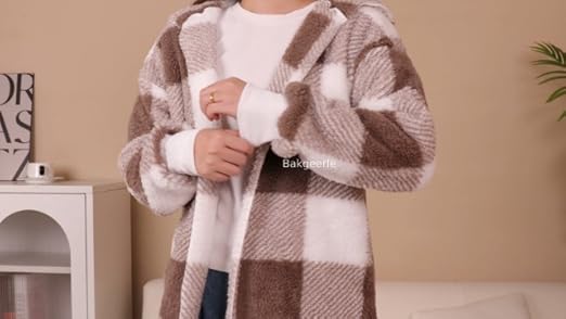 Plaid Sweater Women's Fleece Jacket With Hood Open Front Cardigan