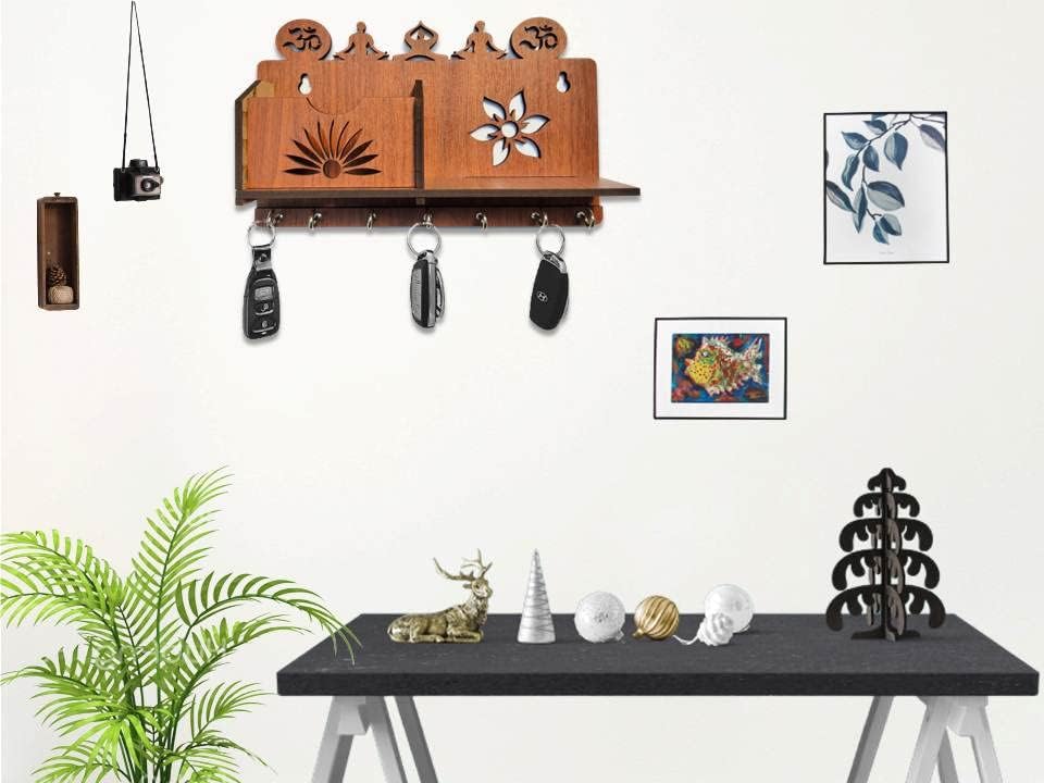 Image of OM Yoga Design MDF Wood Wall Mounted Key Holders Mobile Stand for Wall Decor Wooden Keys Hanger Stylish Hook Stand Key Organizer for Home Decor, Office Decor Key Chain Holders for Wall