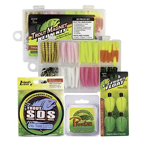 Leland's Lures Trout Magnet Ultimate Bundle - 85 Piece Neon Grub Kit, 350 yd Trout S.O.S. Spool, 100% Fluorocarbon Phantom Leader Line, and 4 E-Z Trout Floats Cover