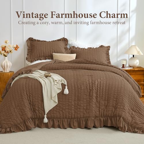 Image of JOLLYVOGUE King Size Comforter Set, 3 Pieces Oak Brown Seersucker Comforters King Size, Lightweight & Fluffy Bedding Sets King for All Season with 1 Ruffle Comforter and 2 Ruffle Pillowshams