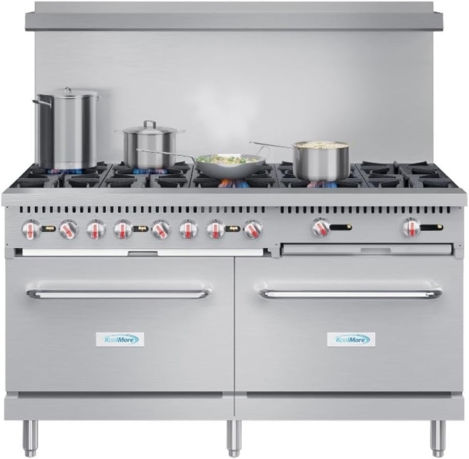 Pemberly Row 60" Commercial LP Range with Oven, 10 Burners, Stainless Steel, Built-in Backsplash and Shelf, Heavy-Duty Kitchen Range for Cooking, Sauteing, Baking
