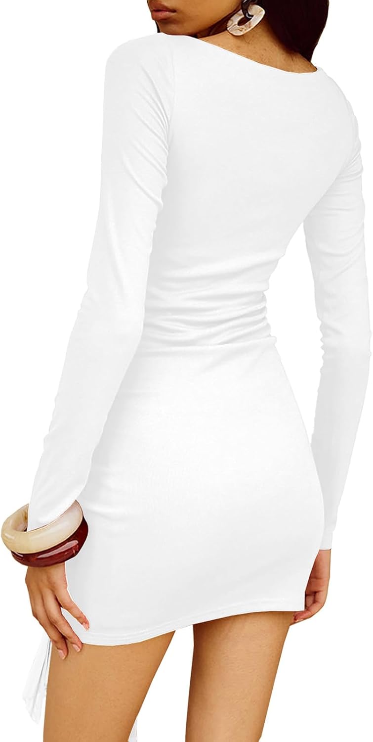 Women's Sexy Long Sleeve Bodycon Mini Dresses Ruched Club Party Short Dress - Image 2
