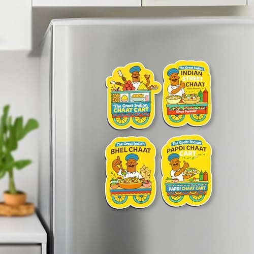 Image of Regalo Casila Indian Street Food Fridge Magnet 4 Pc Set Chaat Cart Bhel Papdi Indian Street Chaat Tourism Souvenir Decorative Refrigerator Magnets Food Lover Gift Collectible India