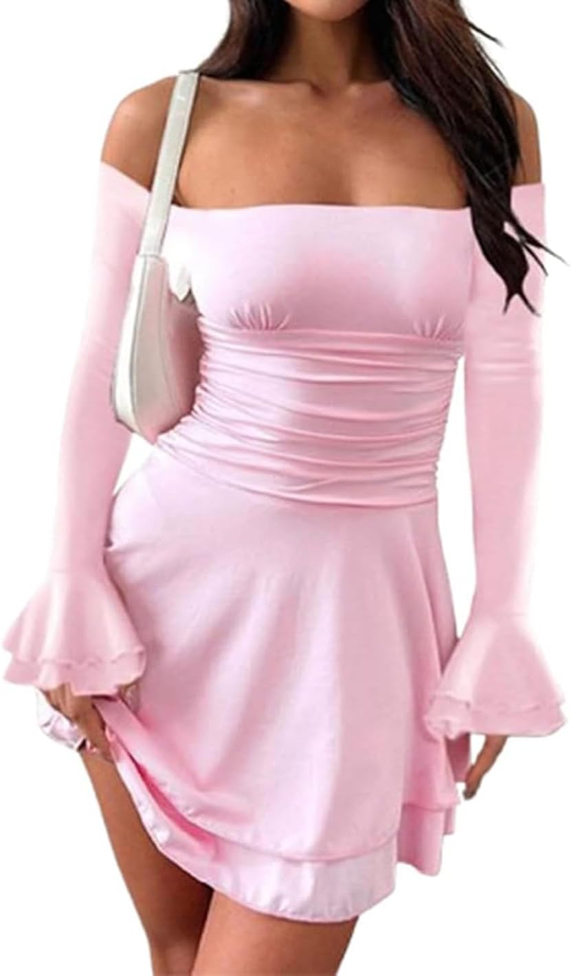 ABINGOO Women Off Shoulder Ruched Mini Dress Sexy Long Sleeve Ruffle Tiered Flowy Tube A Line Dress Fall Bodycon Short Dress