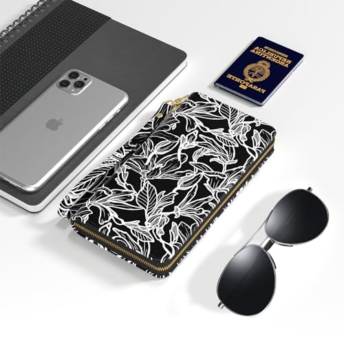 Image of Nipichsha Womens Wallet, RFID Wristlet Wallet for Women, Cute Ladies Purse, Large Credit Card Clutch Purse, Leather Card Holder Wallets with Zipper & Phone Holder, Black White Leaf