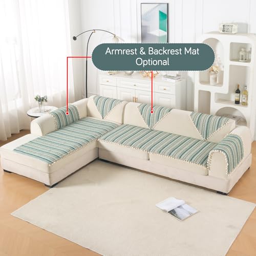 Image of HOKIPO L Shape (2+2 Seater) Sofa Cover Seat Mat | 300 GSM Cotton Acrylic Jacquard Fabric with Tassel, 'Trivana Series' Olive Green (IN-934+935-J1)