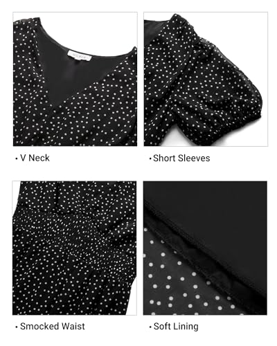 Image of Holipick Women Summer Casual Dress Wedding Guest V Neck Short Sleeves Smocked Waist Chiffon Swing Knee Length Midi Dresses