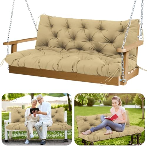 Image of Porch Swing Cushions Outdoor 40x40 inch Waterproof Extra Thick 5 inch Swing Cushions Replacement with Backrest and Ties for Outdoor Furniture Porch Patio Garden Lawn (Khaki)