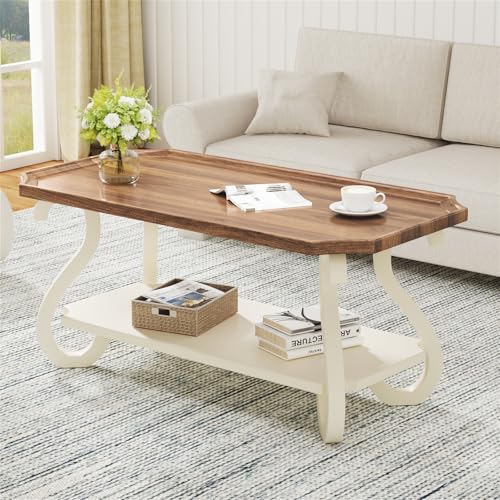 French Country Farmhouse Coffee Table Wood Tray Top Rustic Coffee Table Anti Fall Accent Table with Storage Carved Legs Rectangle Vintage White Coffee Tables for Living Room Small Spaces