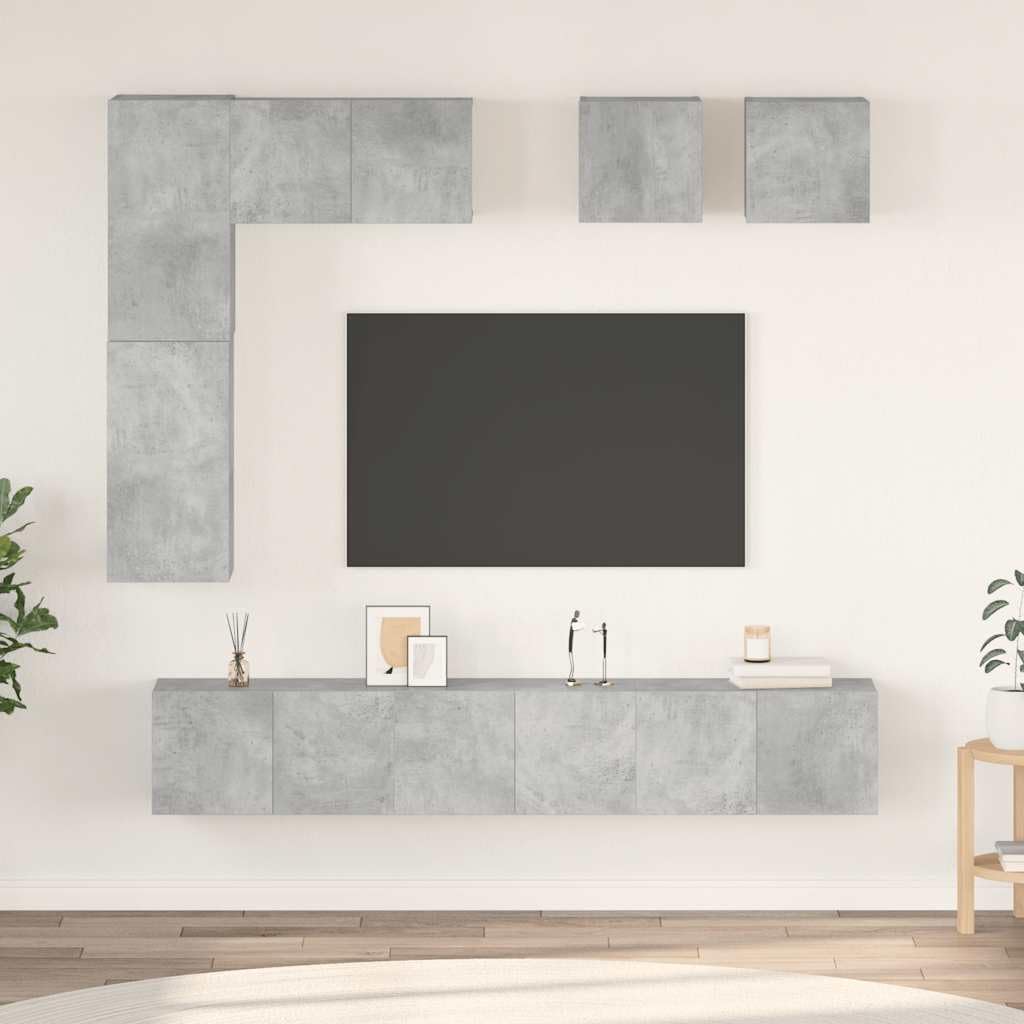 8-TLG. Hängendes TV-Schrank-Set, Betongrau Holzwerkstoff, Lowboard für Wohnzimmer, Modernes Media-Center mit viel Stauraum, Einfache Wandmontage