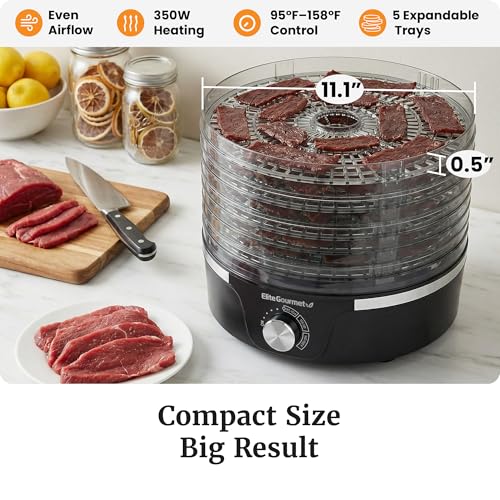 Elite Gourmet EFD319 Food Dehydrator, 5 BPA-Free 11.4" Trays Adjustable Temperature Controls, Jerky, Herbs, Fruit, Veggies, Dried Snacks, Black