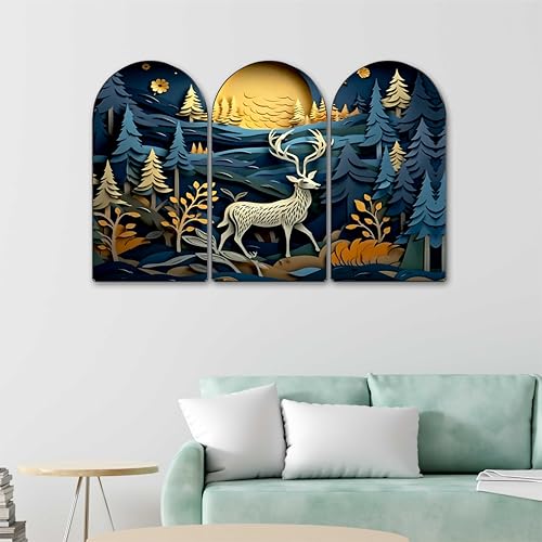 Image of Livin'luxe Blue Forest Deer Arch Shape Wall Painting Set of 3 | Night Landscape Art | MDF Textured Panels for Living Room, Bedroom, Hall & Home Wall Decoration (20 x 30 Inch) RPNS-35385