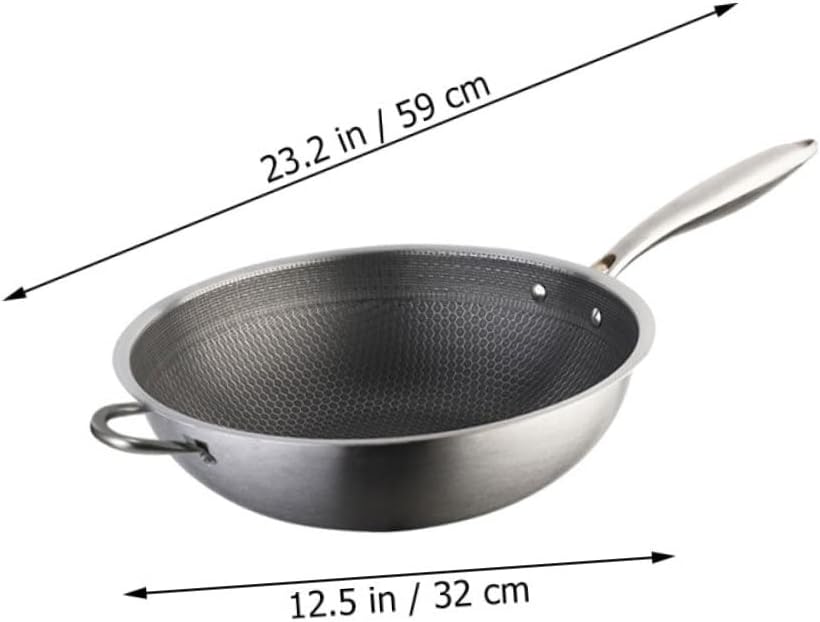 PRETYZOOM Stainless Steel Wok Double Handles Non-stick Frying Pan for Gas and Electric Stoves Scratch Resistant Cookware for Bbq Vegetables and Meats