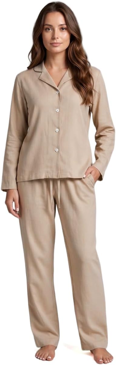 Euphoria Bliss Womens 2 Piece Long Sleeve Matching Linen Set Pockets Button Down Loungwear Pyjamas Pjs