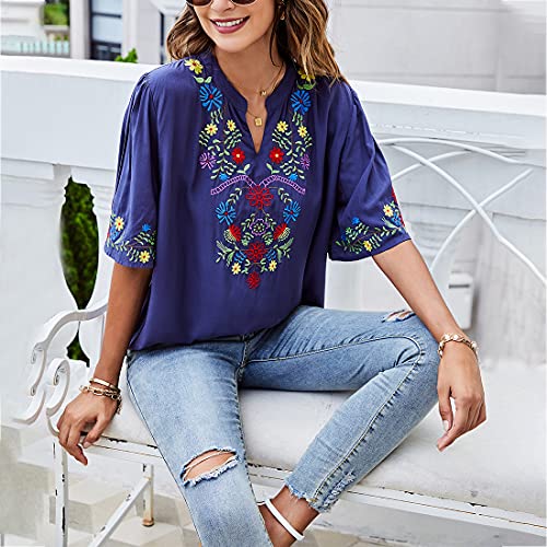 Ak Women's Summer V Neck Boho Embroidered Mexican Shirts Short Sleeve Casual Tops Blouse (As1, Alpha, S, Regular, Regular, 323-Blue) #TOP4