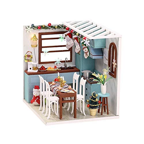 Christmas Doll House Miniature Dollhouse Kit DIY Wooden Mini House Model Dollhouse Accessories with Furniture Set Toy Plus Dust Proof Cover Assembled Cabin Handcrafts Educational Toys for Kids Adults