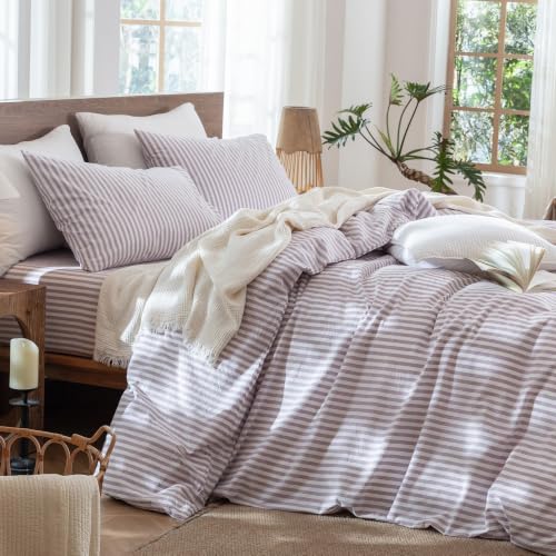 Image of MooMee Striped Duvet Cover Set 100% Washed Cotton Linen Like Queen | Relaxed Linen-like Texture. Soft, Breathable & Long-lasting Comfort. Lightweight. Hidden Zipper with 8 Interior Corner Ties