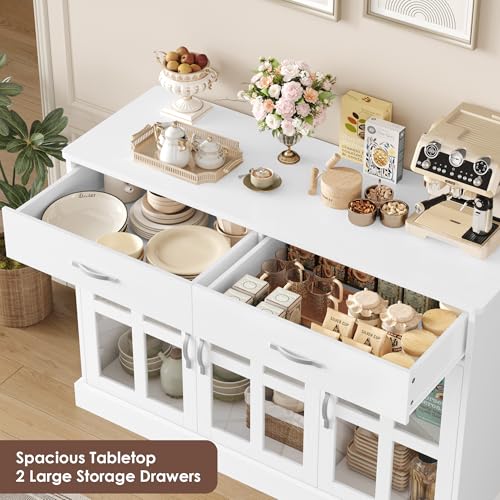 FirFurd 120cm White Sideboard, Living Room Cabinets, Kitchen Sideboard, Display Cabinet with 3 Glass Doors 2 Drawers and Adjustable Shelves Wooden 120x40x84cm - Image 6