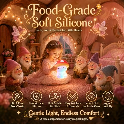 Image of FAMIDUO Mushroom Night Light for Kids, Silicone Squishy RGB Nursery Lamp | 2-Brightness & Breathing 7-Color Rainbow, Anti-Blue Eye-Caring, BPA-Free Silicone Mood Light , Cute Gifts for Baby Toddler