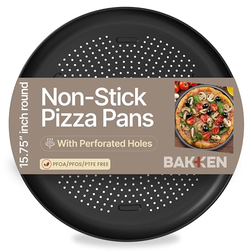 Bakken 16 Inch Non-Stick Pizza Pan 1 Pack, Round Carbon Steel Pizza Tray with Perforated Holes, PFOA, PFOS, & PTFE-Free, Dishwasher & Oven Safe Up To 450°F, Durable Nonstick Coating, Black