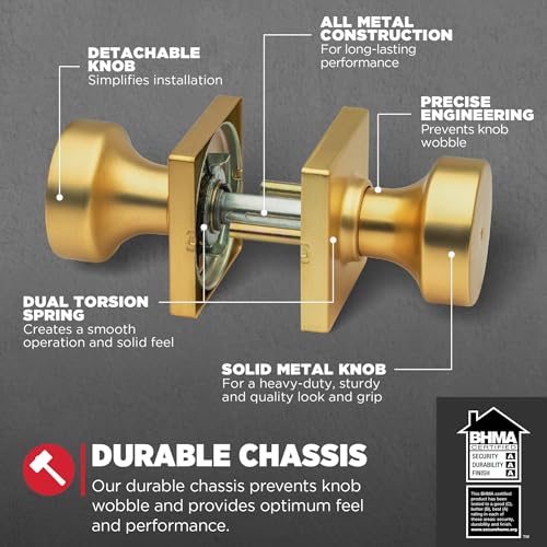 Image of Kwikset Pismo Interior Privacy Door Knob with Lock, Door Handle for Bathroom and Bedroom, Satin Brass, Square, Keyless Turn Lock Doorknob