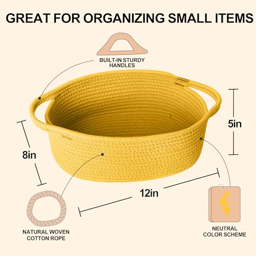 Image of Small Yellow Woven Gift Basket, Baskets for Gifts Empty, Cotton Rope Cat Dog Toy Bin Box, Baby Nursery Organizer, Easter Basket with Handle, Shelf Storage Bin, Yellow Room Decor, 12 inchx 8 inchx 5 inch