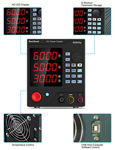 Programmable 60V/5A DC Power Supply Variable, Adjustable Switching Regulated Power Supply with 4-Digit Large Display Alligator Leads, PC Software, USB Interface for Lab Equipment (650p)