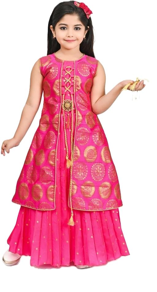 Image of Zenat Kids Girls Elegant Silk Gown | Beautiful Embroidery Design Sleeveless Dress | Stylish Long Frock for Girls
