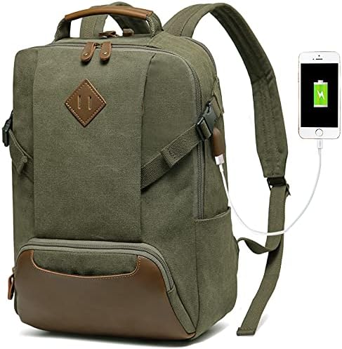 Kasqo Laptop Backpack 15.6 Inch Canvas Waterproof Anti Theft Business Travel College Computer Bag Carry on Bag with USB Charging Port for Women Men, Army Green