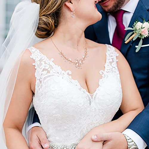 Image of EVER FAITH Wedding Cubic Zirconia Jewelry Set for Women, Marquise White Simulated Pearl Floral Vine Bridal Prom Necklace Earrings for Bride