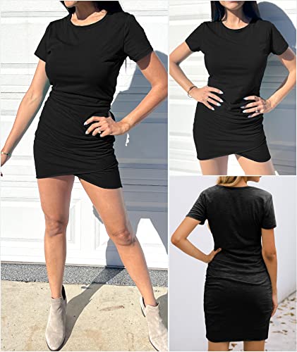 BTFBM Women's 2025 Summer Casual Beach Dresses Crew Neck Short Sleeve Wrap Party Club Mini Ruched Bodycon T Shirt Dress3