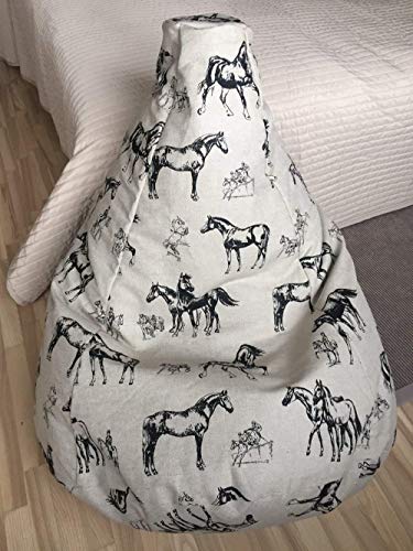 Black Horses Bean Bag Chair For Kids Adults, Handmade Natural Linen Beanbag Cover, Eco Friendly Floor Pillow Seating, Cotton Insert, No Filler #TOP5