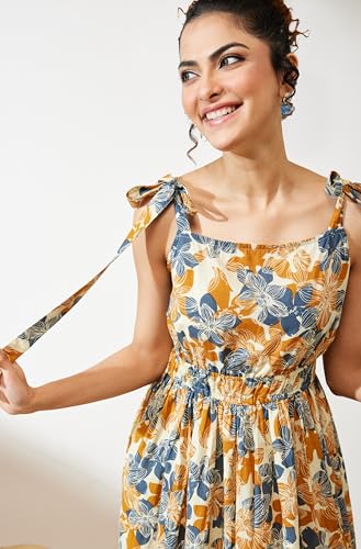 Image of Janasya Women's Cream Pure Cotton Floral Printed Fit & Flare Dress