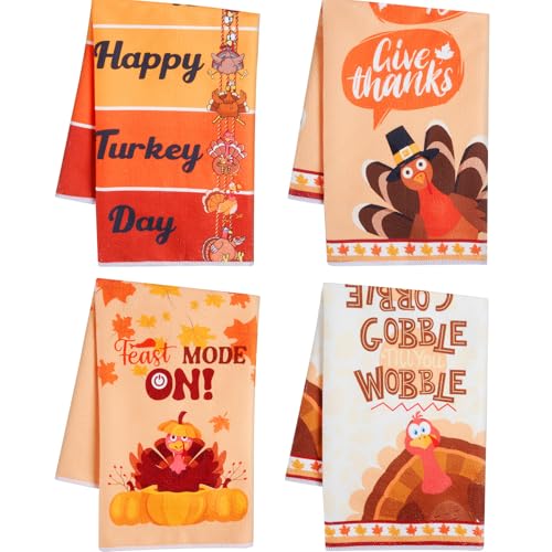 Mindsoft 4 Pcs Turkey Gobble Thanksgiving Kitchen Towels Fall Dish Towels Thanksgiving Gifts Decor for Autumn Harvest Bathroom Kitchen Cooking Baking, 26 x 18 Inch
