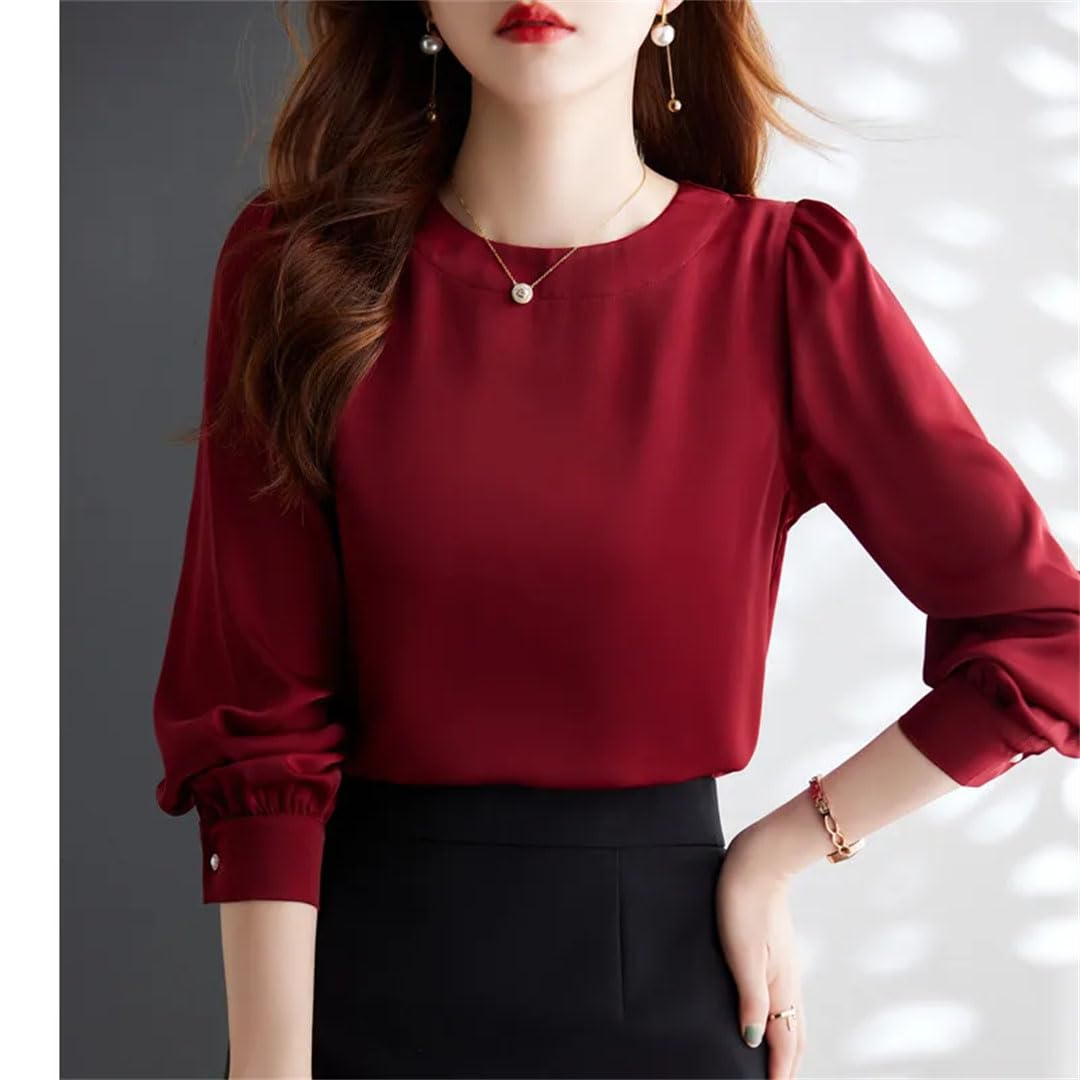 Blusa de satén de manga larga con cuello redondo para mujer, para oficina, trabajo, ropa