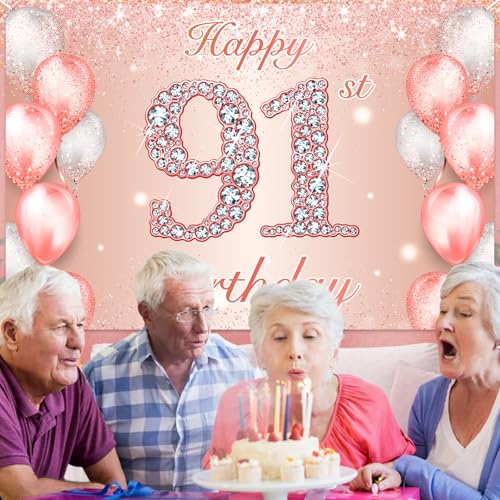 Image of Happy 91st Birthday Rose Gold Banner Cheers to 91 Years Old Backdrop Confetti Balloons Theme Decor for Women 91 Years Old Pink Birthday Party Decorations Bday Supplies Background Favors Gift Glitter
