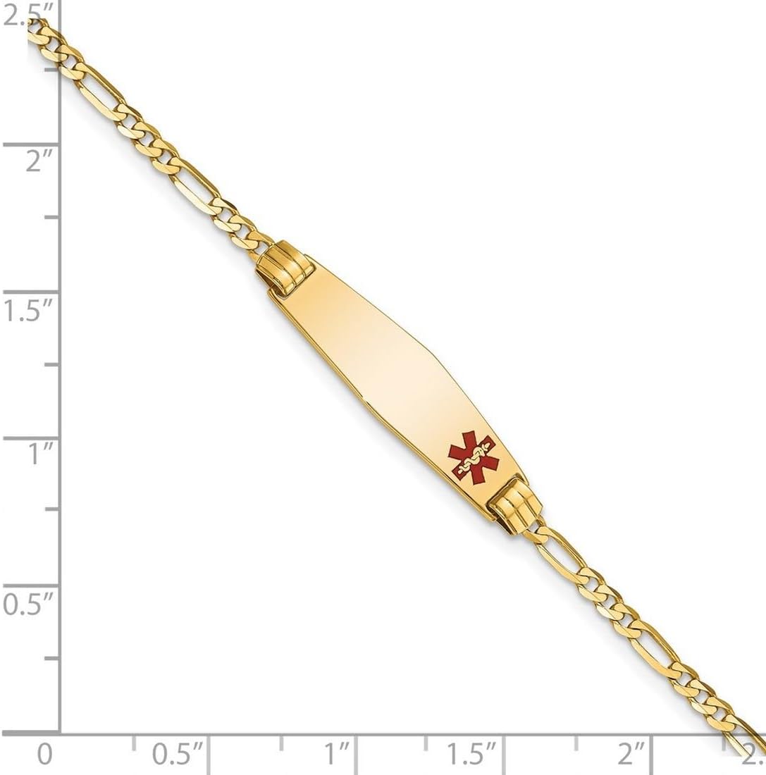 JewelryWeb 8.5mm 14k Solid Yellow Gold Medical Soft Diamond Shape Red Enamel Figaro ID Bracelet Identification Bracelet for Women