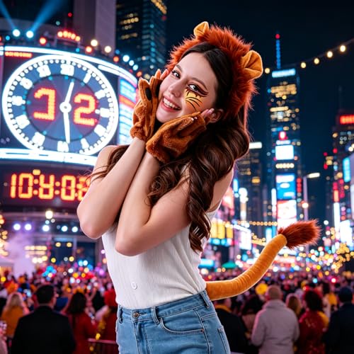 Rotamora 5Pcs Animal Lion Costume Set and Face Stickers, Plush Ears Headband Paw Gloves and Tail Cosplay Adult Dress Up Accessories for Birthday Theme Halloween Party Dress Up for Women - image 5