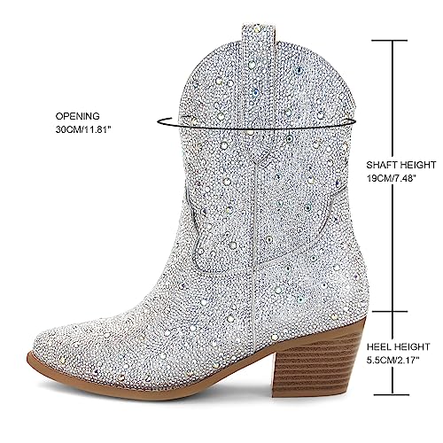 Sovanyou Rhinestone Boots Cowboy Ankle Boots For Women Sparkly Boots Cowgirl Western Booties Short Glitter Boots Crystal Booties Silver Bling Boots #TOP2