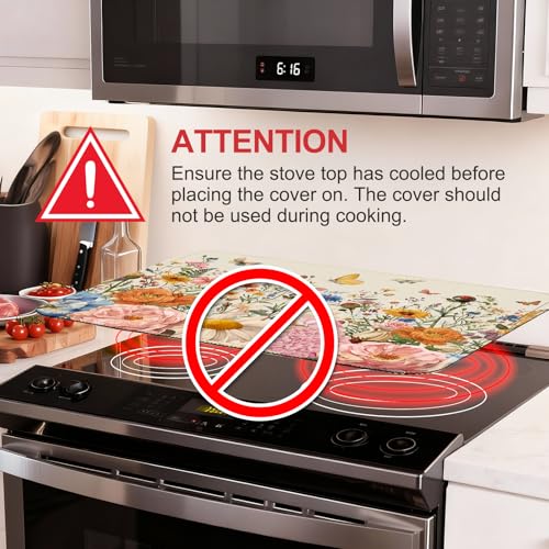 Image of Retro Floral Stove Top Cover for Electric Stove, Wild Flowers Range Covers for Electric Stove, Rubber Dish Drying Mat, Glass Cooktop Covers, Flat RV Range top Mats, 28 inchx20 inch