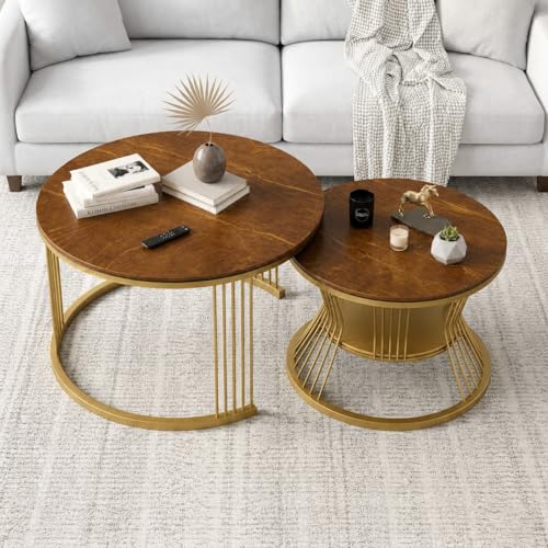 Image of NEST NATURE HAVEN Round Coffee Table, Modern Nestings Table Set of 2, Sofa Side Table with Marble Veneer Top and Metal Frame, End Table for Living Room Bedroom Home or Office (Golden Brown)