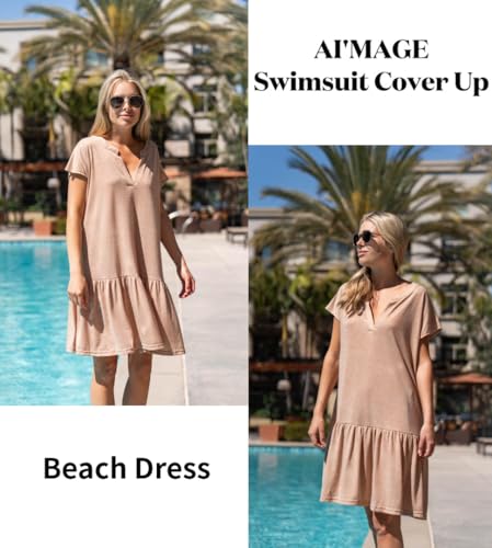 AI'MAGE Womens Swimsuit Coverups Bikini Beach Swimwear Cover Up V Neck Bathing Suit Cover Up Dress A-line Beach Dress3