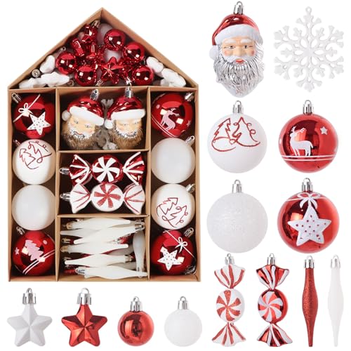 LEMESO クリスマスツリー オーナメント ボール 70個セット クリスマスボール 大容量 ツリー オーナメント クリスマス オーナメント 飾り 飾り付け 装飾 デコレーション 豪華 おしゃれ 北欧 レッド&ホワイトのサムネイル