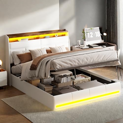 Cama tapizada con canapé, marco de cama doble acolchado, camas con plataforma acolchada, camas otomanas, cama de matrimonio de listones de madera con luz cambiante (PU Blanc, 160 cm)