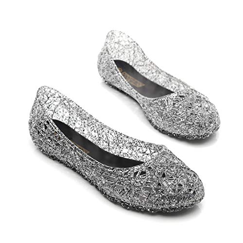 OMGard Womens Jelly Sandals, Black Jelly Shoes Glitter Flats for Women Size 6.5, Slip On Summer Ballet Flats Transparent Layered Lines Bird Nest Soft Hollow Out Loafers