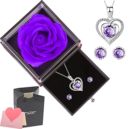 NEWUPZSI Boîte à Bijoux Rose Artificielle éternelle, Collier Coeur + Boucles d'oreilles + Carte de Voeux, pour Noël Idee Cadeau Anniversaire Saint Valentin Mariage Fete des Meres pour Femme Maman Cover