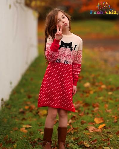Funnycokid Little Girls Christmas Dress Xmas Knitted Sweater Dress Long Sleeve 2-11Y3