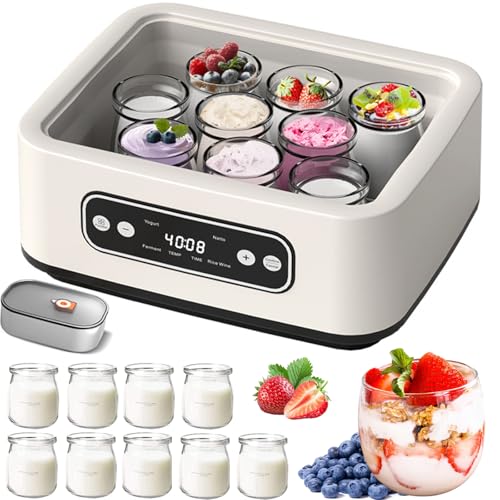 Yaourtière électrique, 1,6L, avec 9 Pots en Verre, minuterie 12h, température réglable et contrôle du Temps, Affichage LCD, yaourtière électrique pour la Maison.