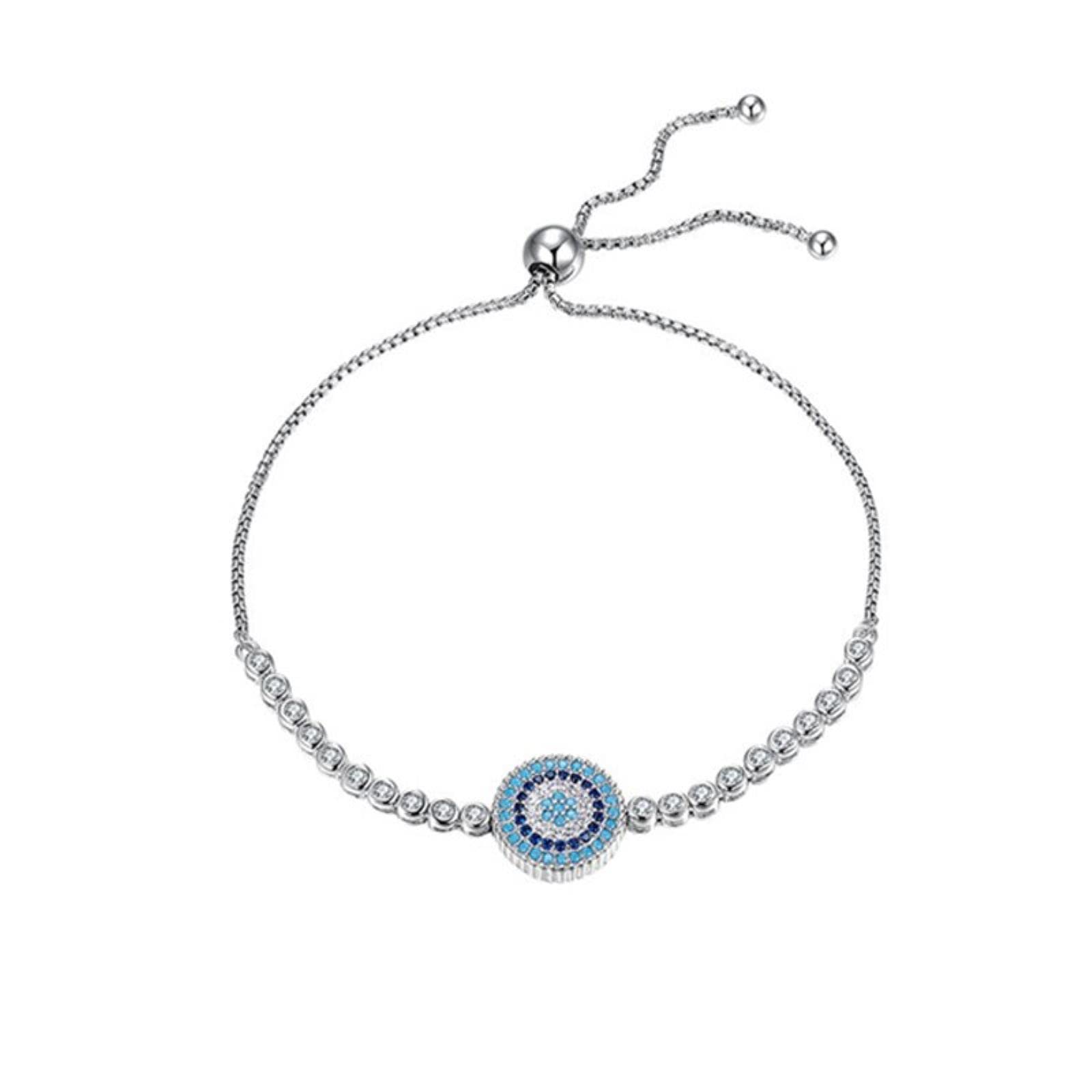 Plata De Ley 925 Lucky Round Blue Evil Eyes Power Tennis Bracelet Pave Cz Cadena De Caja Ajustable Joyería Fina